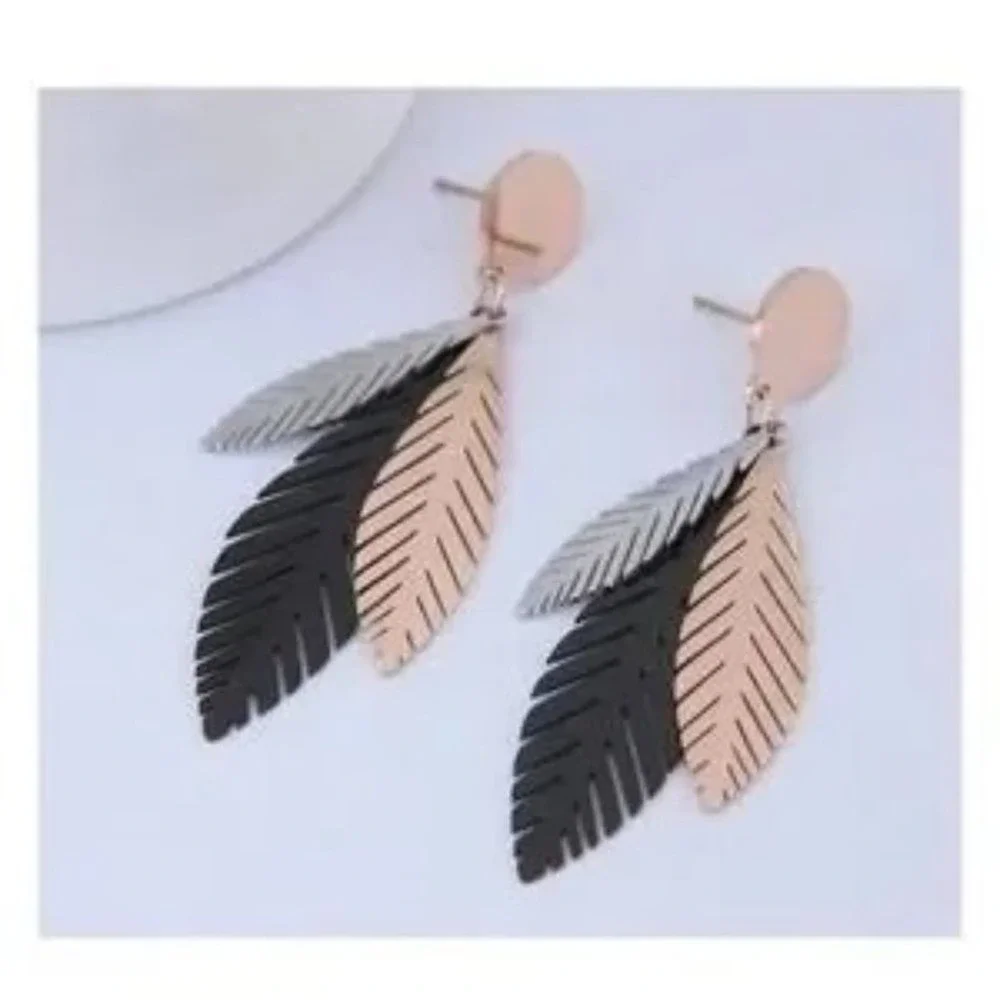 Boho Tri Color Silver Rose Gold Black Feather Leaves Drop Dangle Earrings A0100 - Picture 12 of 12